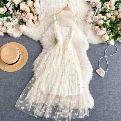 Damen Sommerkleid Mesh Gänseblümchenmuster Spaghettiträger - Eveloria
