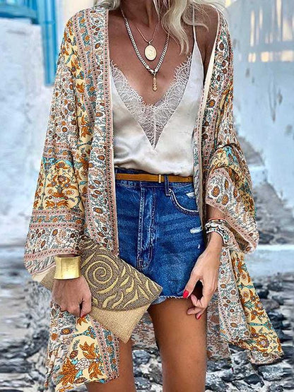 Eveloria Damen Boho Kimono Mittellang Baumwolle Bunt - Eveloria