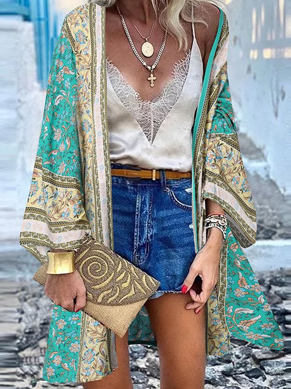 Eveloria Damen Boho Kimono Mittellang Baumwolle Bunt