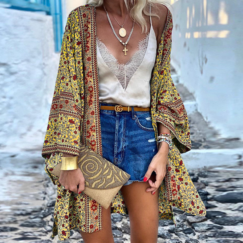 Eveloria Damen Boho Kimono Mittellang Baumwolle Bunt