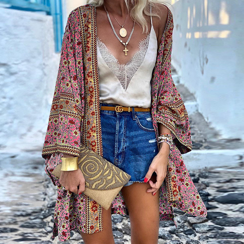Eveloria Damen Boho Kimono Mittellang Baumwolle Bunt