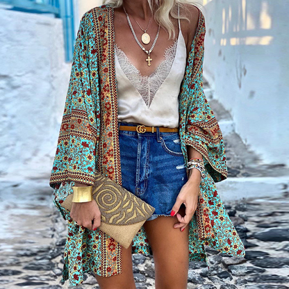 Eveloria Damen Boho Kimono Mittellang Baumwolle Bunt