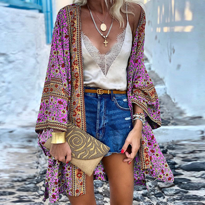 Eveloria Damen Boho Kimono Mittellang Baumwolle Bunt
