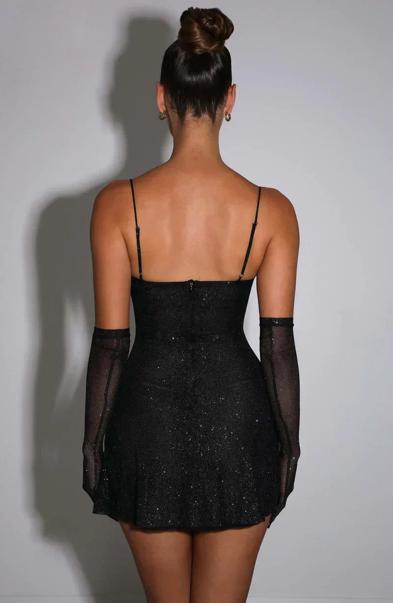 Damen Glitzer-Kleid Mini mit Handschuhen