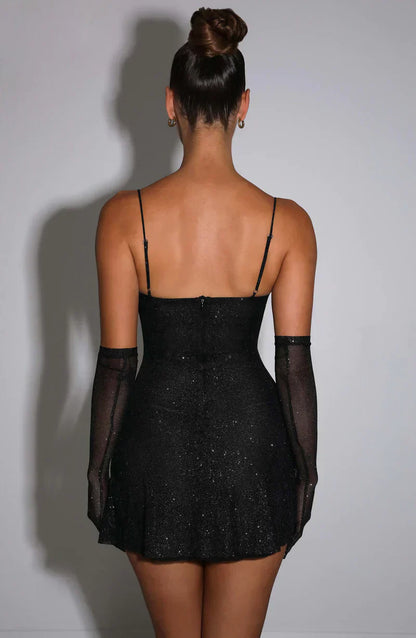 Damen Glitzer-Kleid Mini mit Handschuhen