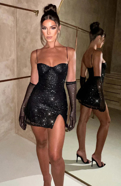 Damen Glitzer-Kleid Mini mit Handschuhen