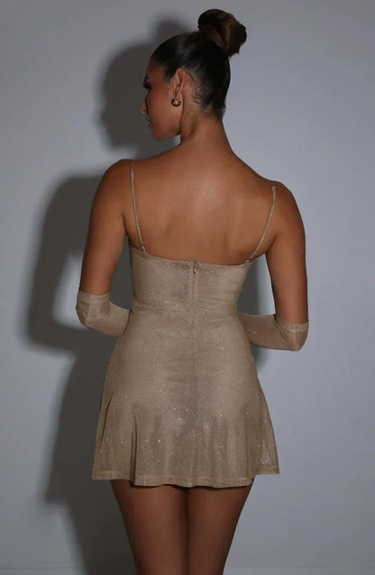 Damen Glitzer-Kleid Mini mit Handschuhen