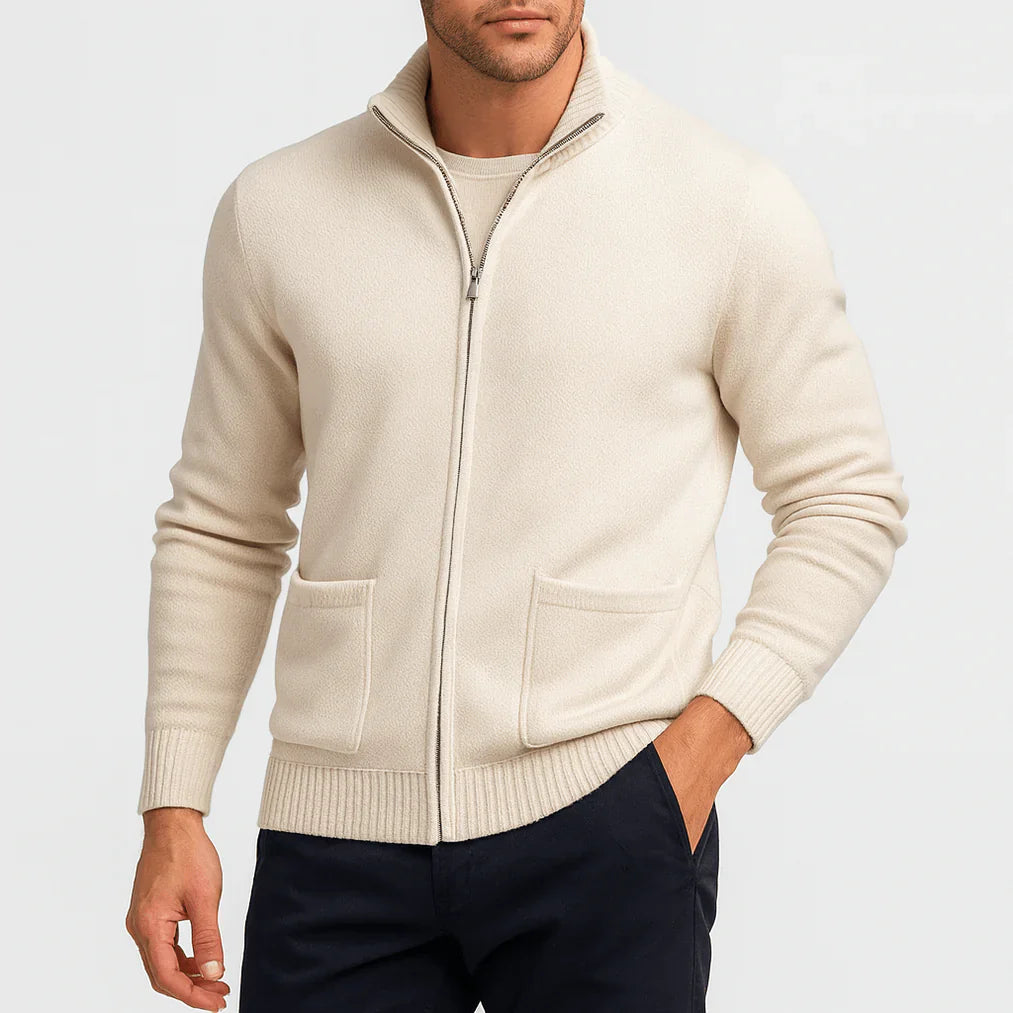 Zip-Up Cardigan – Strickjacke für Männer mit Taschen-Weiß-M-Chaps Herrenmode