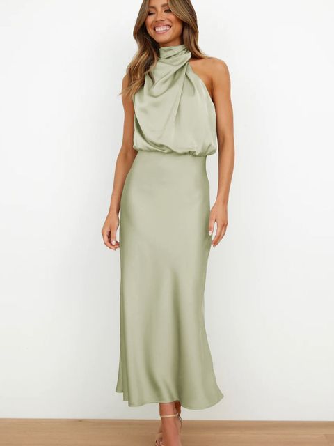 Eveloria Damen Abendkleid Halterneck Satin