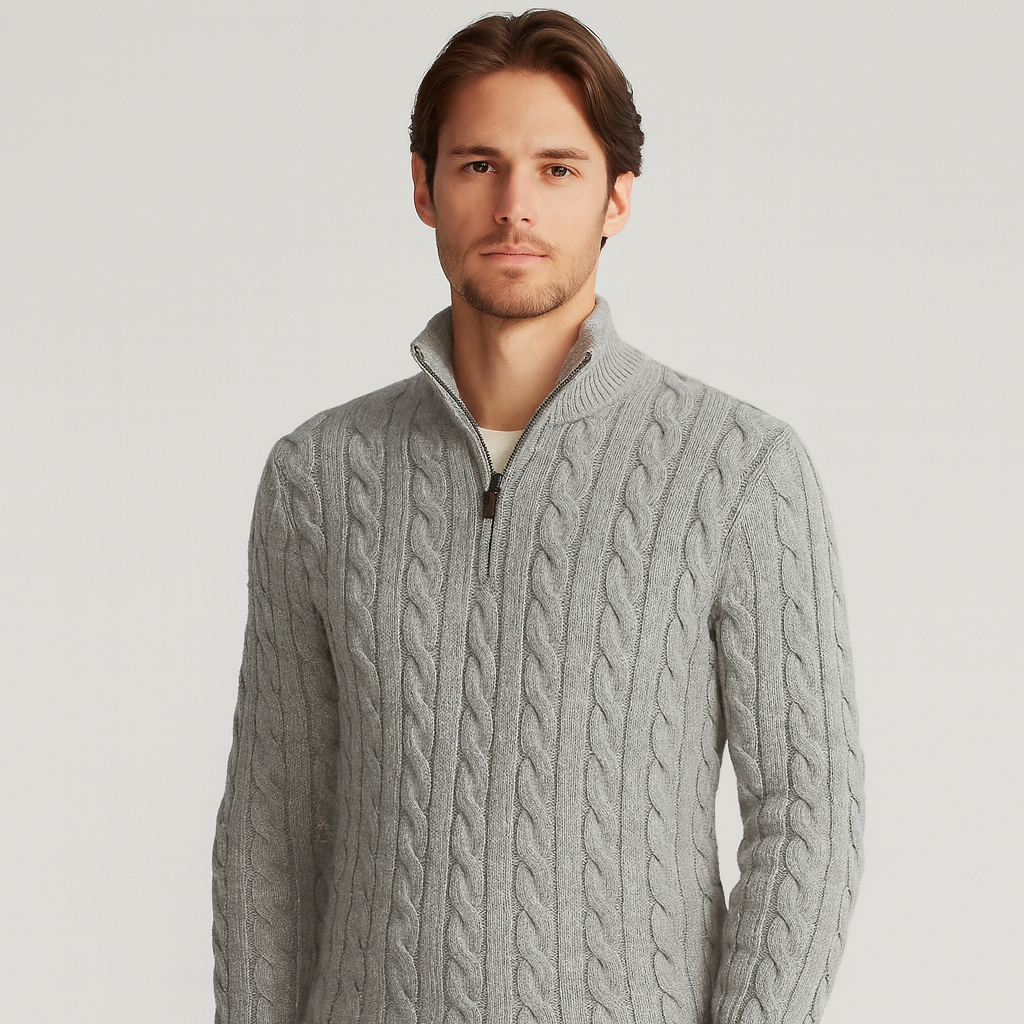 Herren Zopfpullover Halb-Reißverschluss Merino-Wolle Grau - Eveloria
