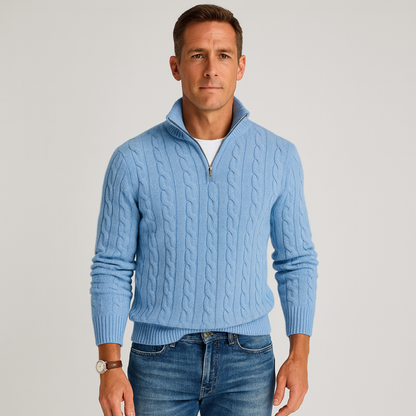 Zopfmusterpullover – Halb-Reißverschluss – Pullover – Viertel-Reißverschluss-Pullover – Herrenpullover-Hellblau-M-Chaps Herrenmode