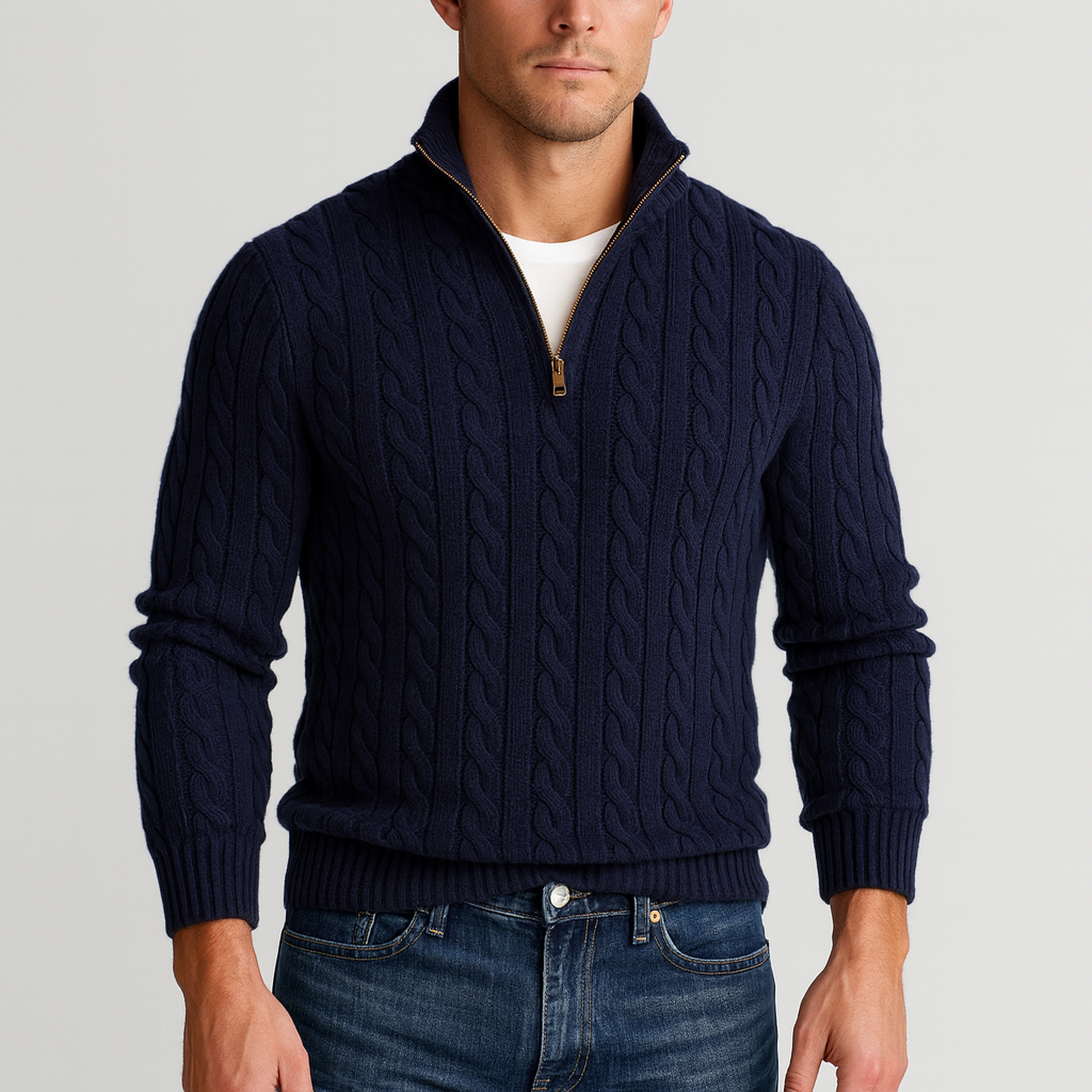 Zopfmusterpullover – Halb-Reißverschluss – Pullover – Viertel-Reißverschluss-Pullover – Herrenpullover-Marineblau-M-Chaps Herrenmode