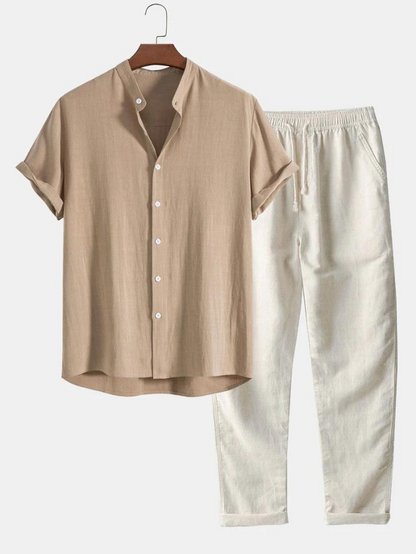 Herren Leinenhose Kurzarm mit Knöpfen Beige - Eveloria