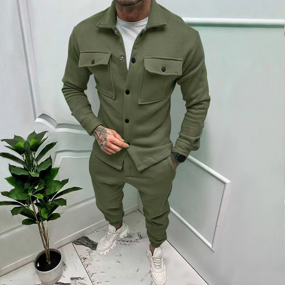 Zweiteiliges Set - Herren Überhemd und Slim Fit Jogger Set-Dunkelgrün-S-Chaps Herrenmode