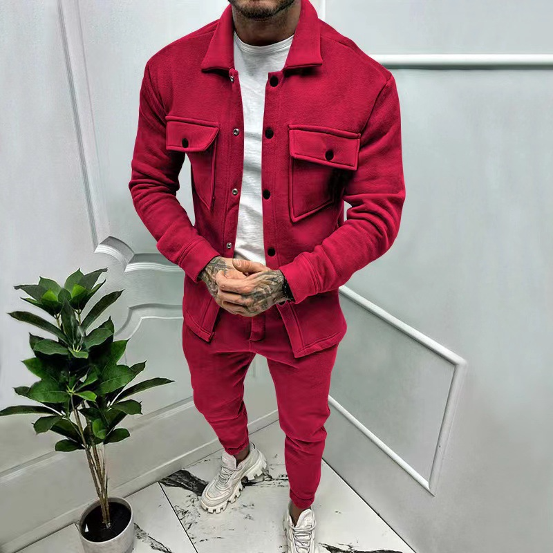 Zweiteiliges Set - Herren Überhemd und Slim Fit Jogger Set-Rot-S-Chaps Herrenmode