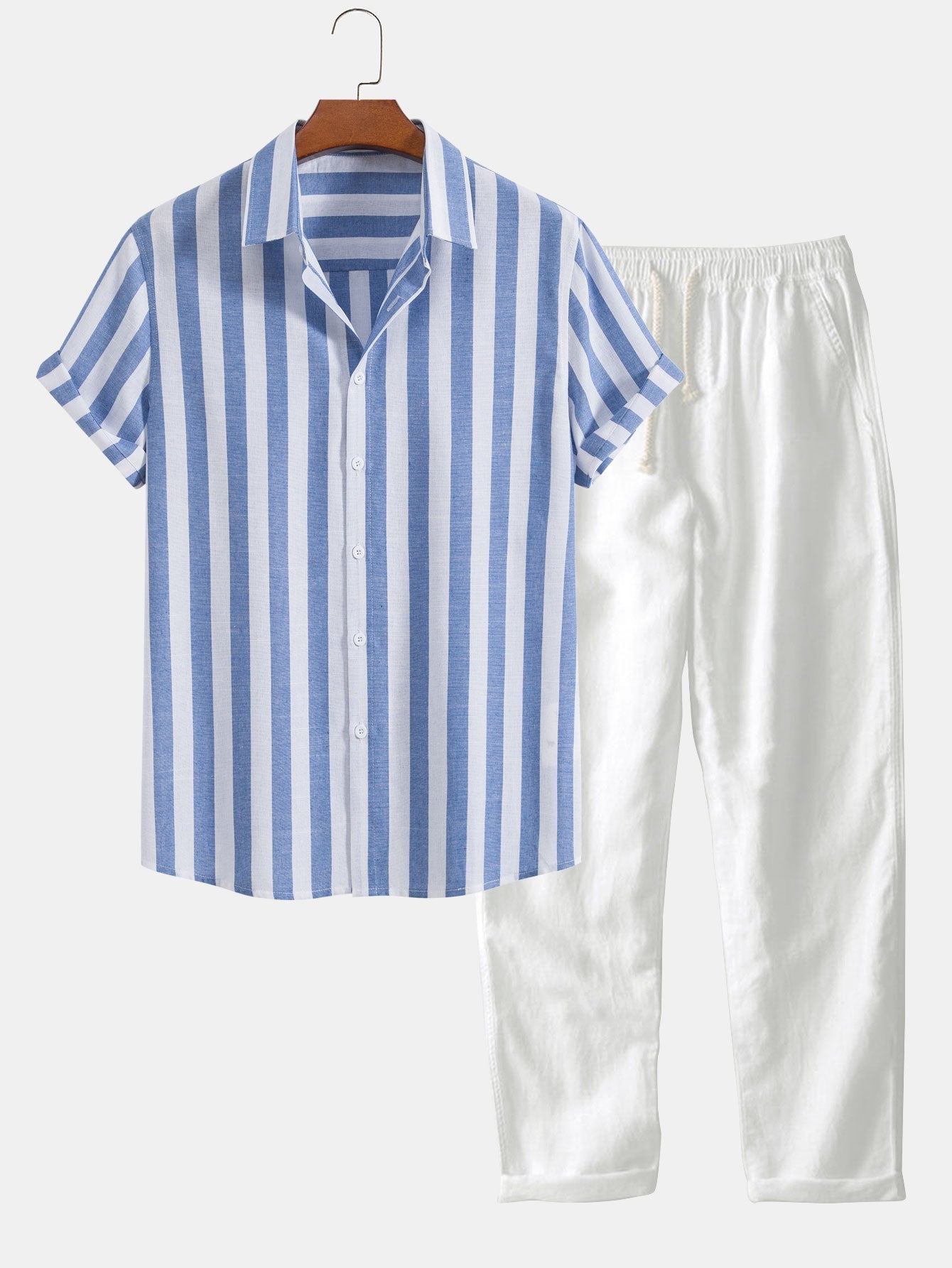 Männer Leinen Kurzarm Hemd- und Hose Set Sommer Beige - Eveloria
