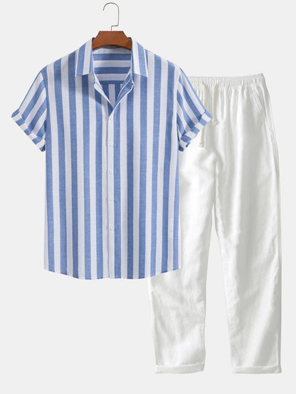 Männer Leinen Kurzarm Hemd- und Hose Set Sommer Beige - Eveloria