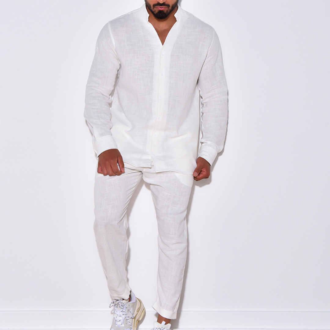 Herren Leinenanzug Langarm Leinen Set Beige - Eveloria