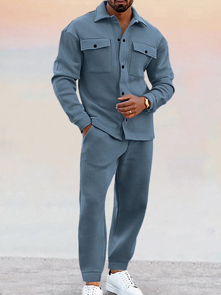 Zweiteiliges Set – Lässiges Overshirt mit langen Ärmeln und Hose für Männer-Blau-S-Chaps Herrenmode