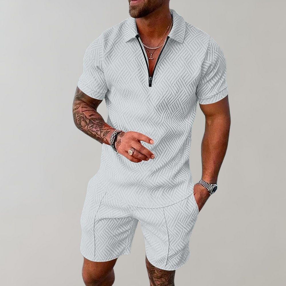 Zweiteiliges Set - Quarter Zip - Polo T-Shirt -Shorts und Shirt Set - Sommerkleidung für Männer-Weiß-S-Chaps Herrenmode