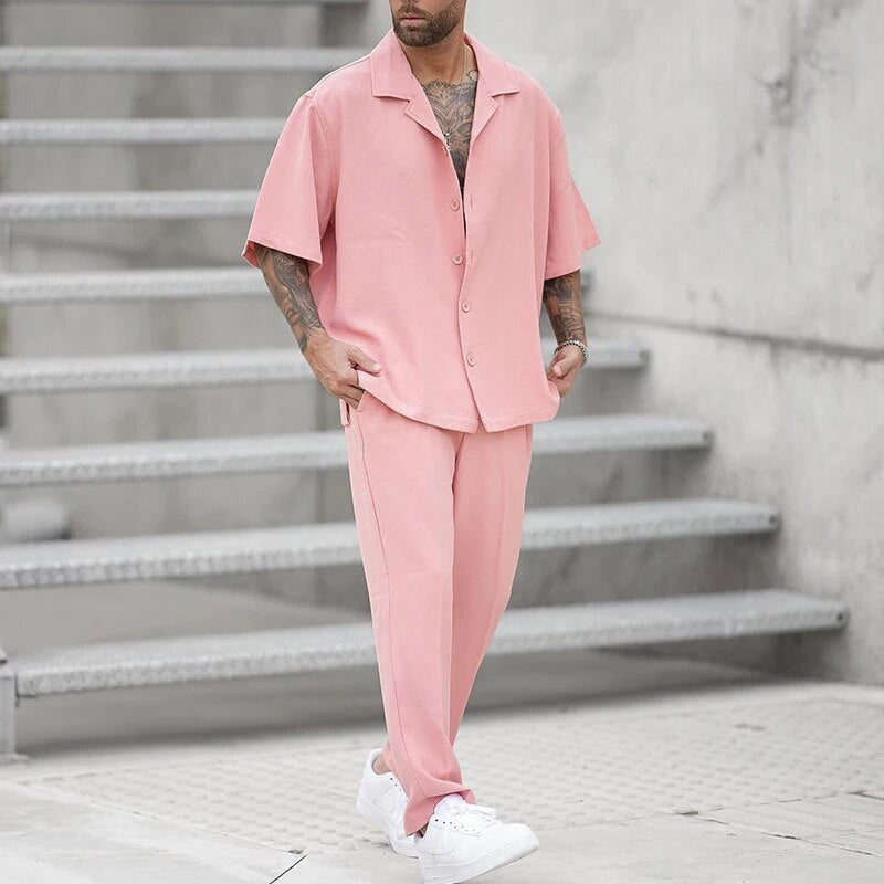 Herren-Set Rosa Kurze Ärmel Hose Hemd - Eveloria