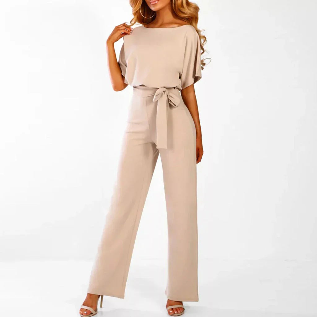 Eveloria Damen Jumpsuit Beige mit Gürtel - Eveloria