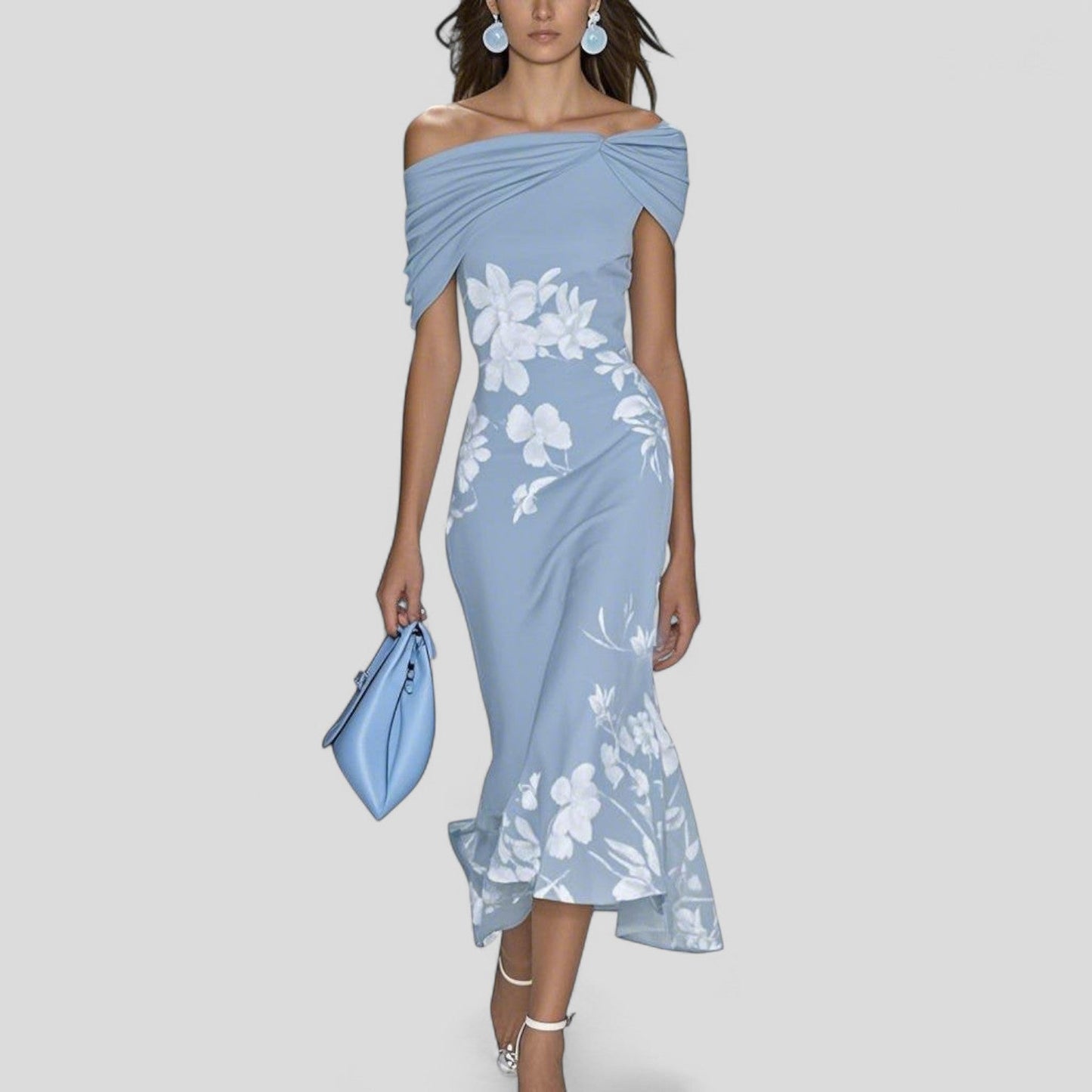 Damen Blumen Off-Shoulder Midi-Kleid