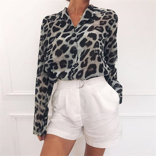 Damen Bluse Leopardenmuster Länge Ärmel Umschlagkragen - Eveloria