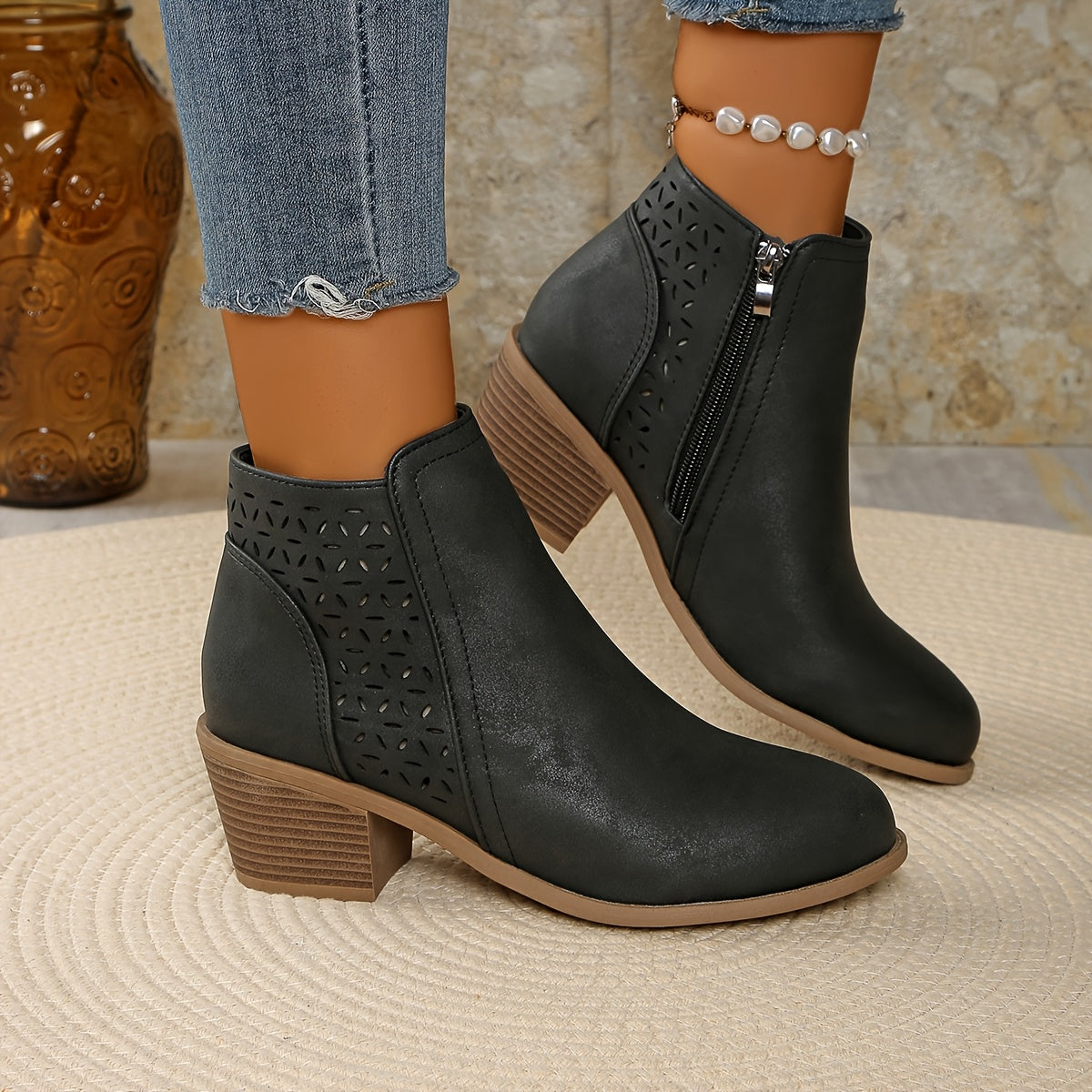 Damen Stiefeletten mit seitlichem Reißverschluss Schwarz - Eveloria