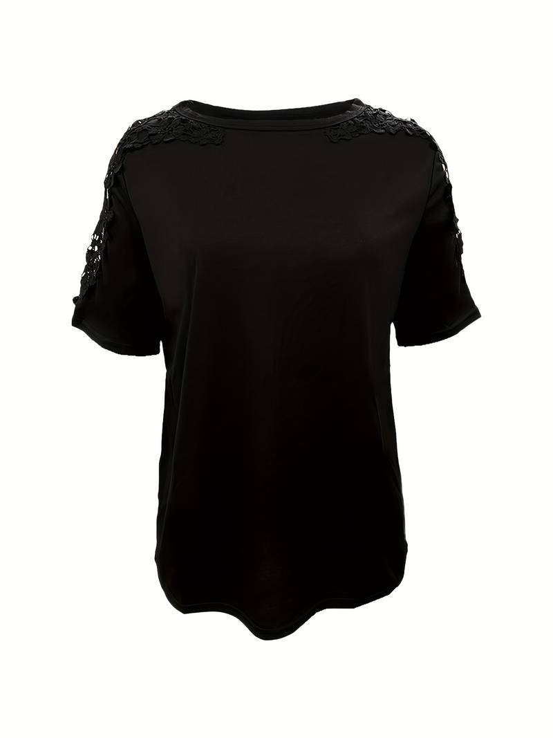 Eveloria Damen Rundhals T-Shirt Spitze Naht Einfarbig