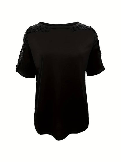 Eveloria Damen Rundhals T-Shirt Spitze Naht Einfarbig