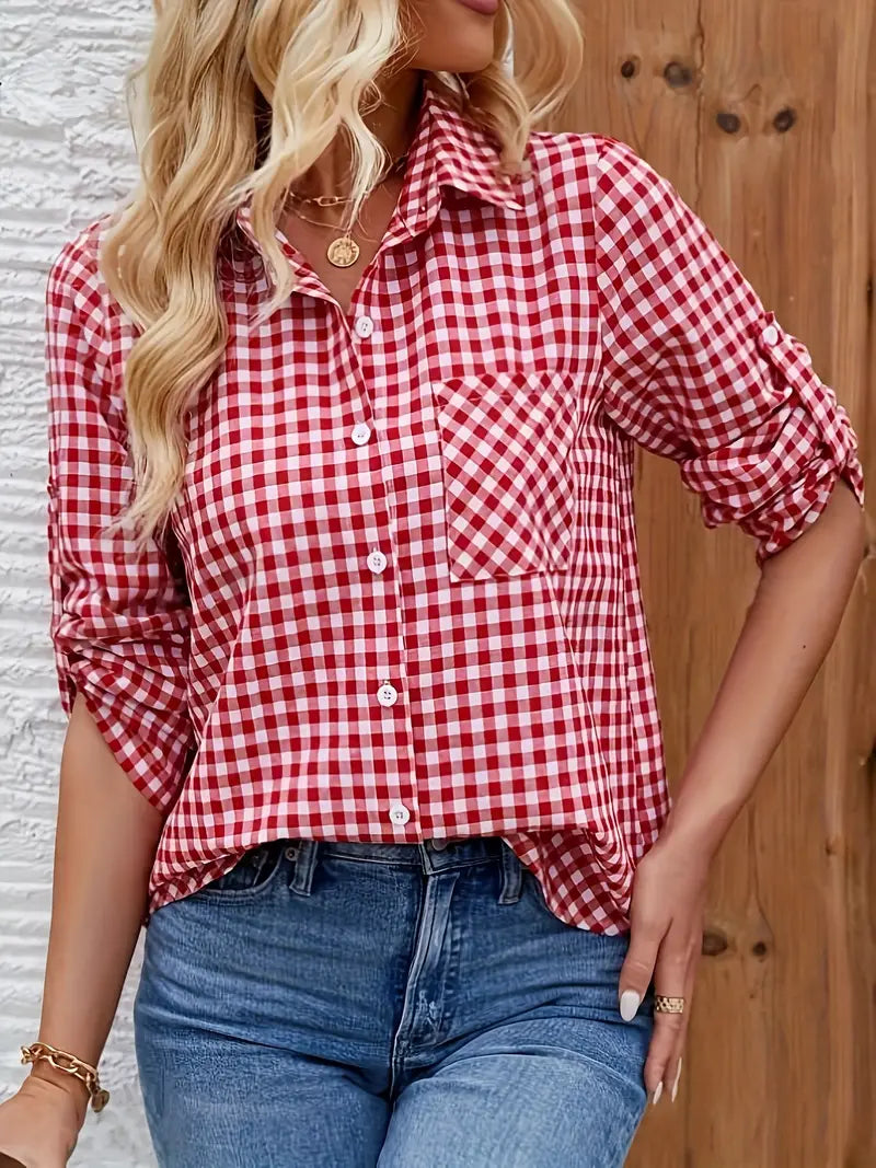 Damen Karobluse Umlegekragen Knopfleiste Elegante Bürobluse