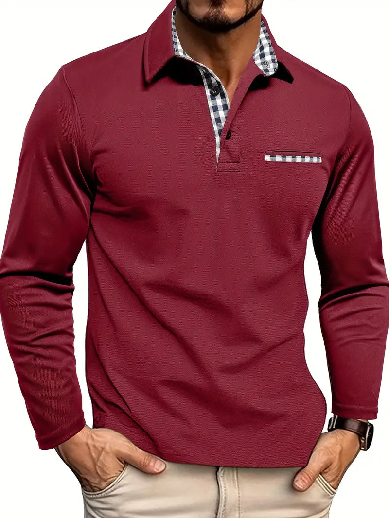 Herren Poloshirt Langarm Modernes Kontrastdesign Baumwolle Weiß