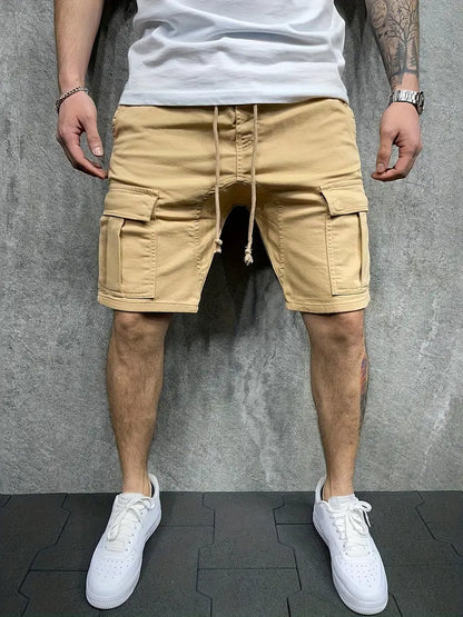 Herren Cargo Shorts Kordelzug Utility Taschen Beige