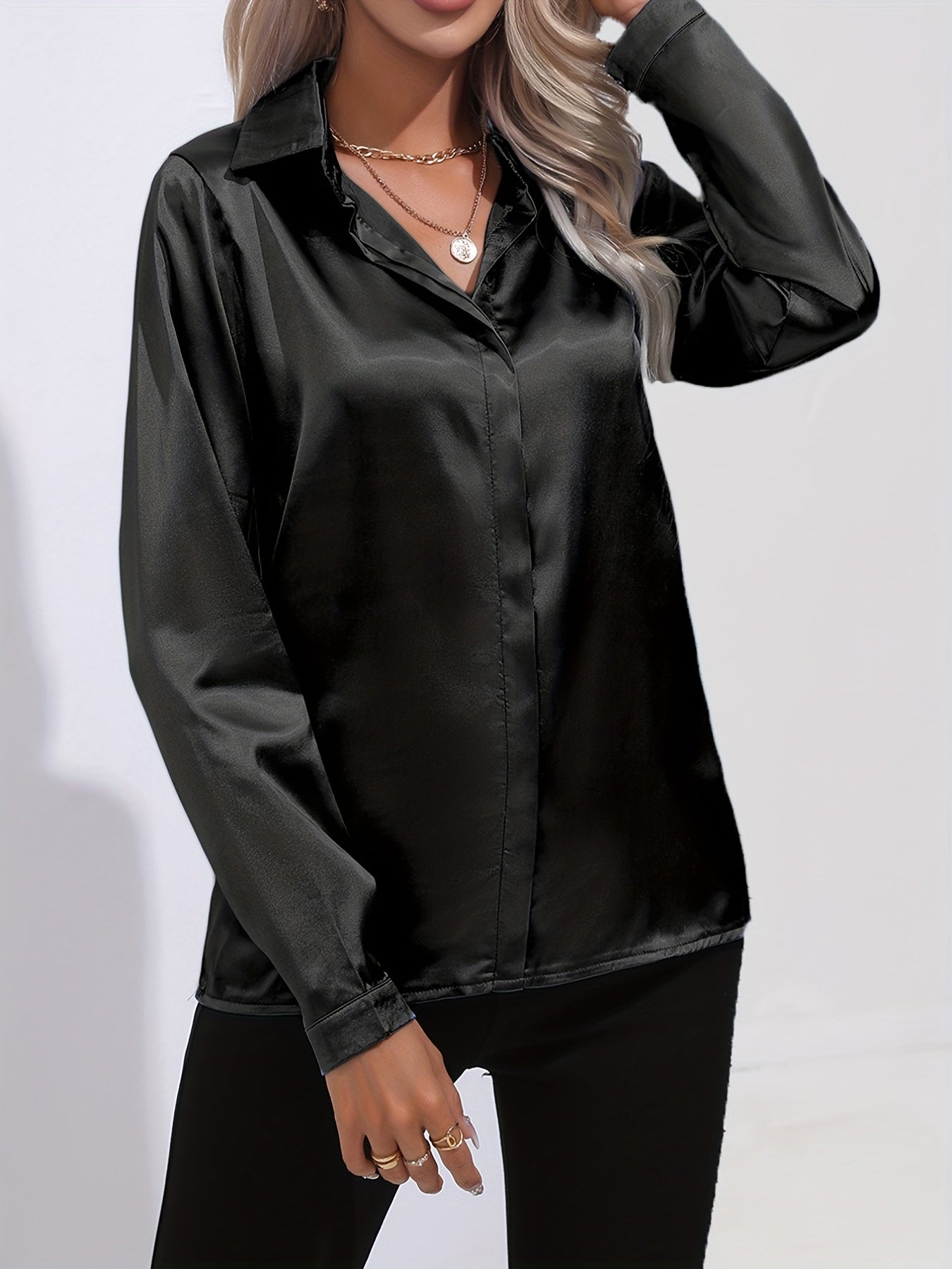 Damen Satin-Bluse Reverskragen Knopfleiste Eleganz