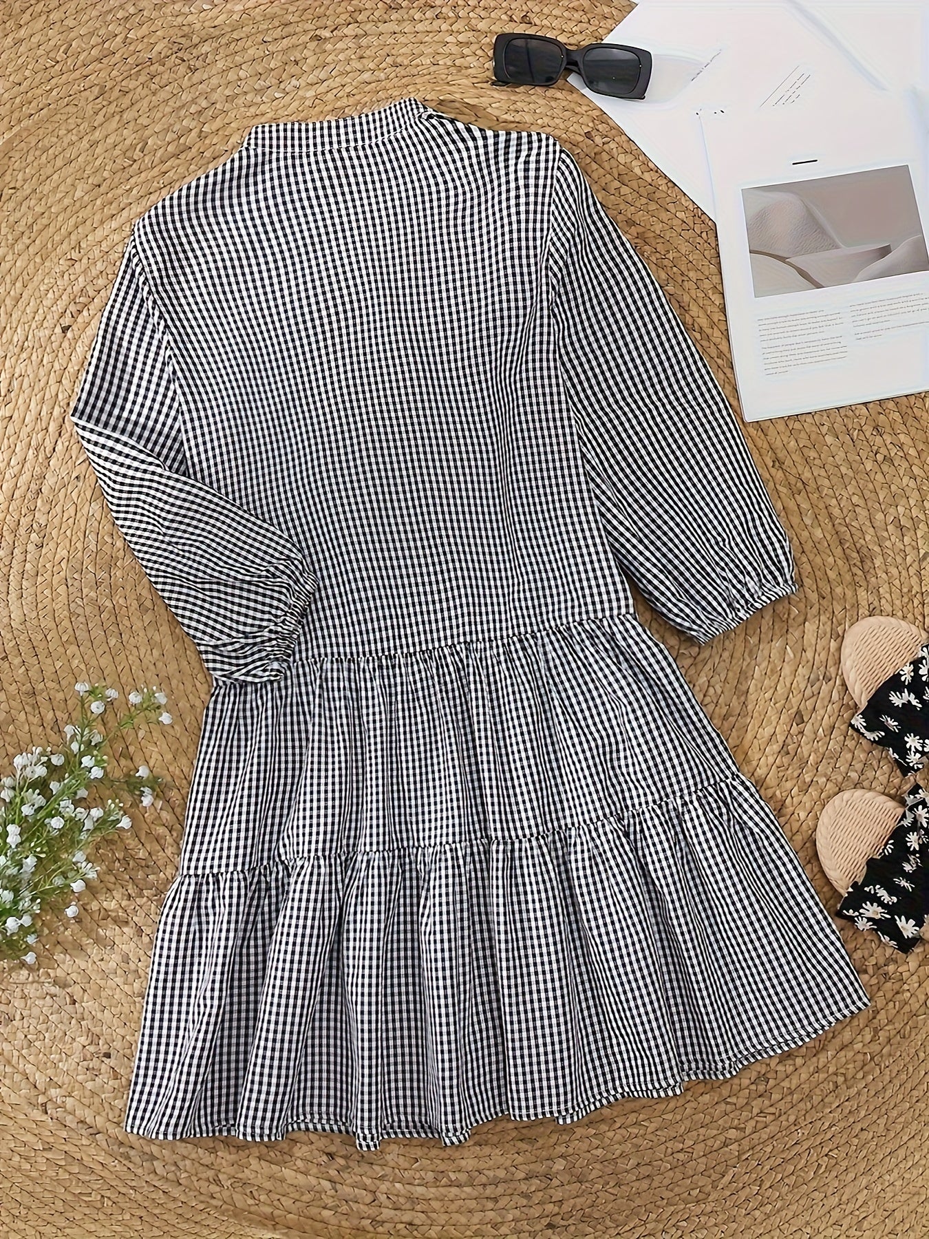 Damen Leinenkleid Karomuster 3/4 Ärmel Sommer Beige