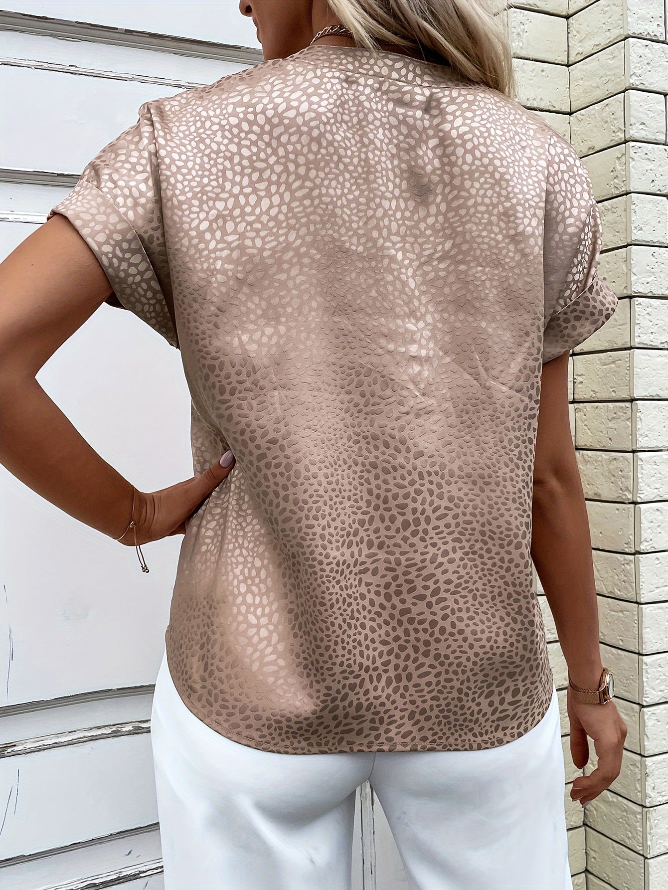 Damen Bluse V-Ausschnitt Kurzärmel Büro Bluse Weiß