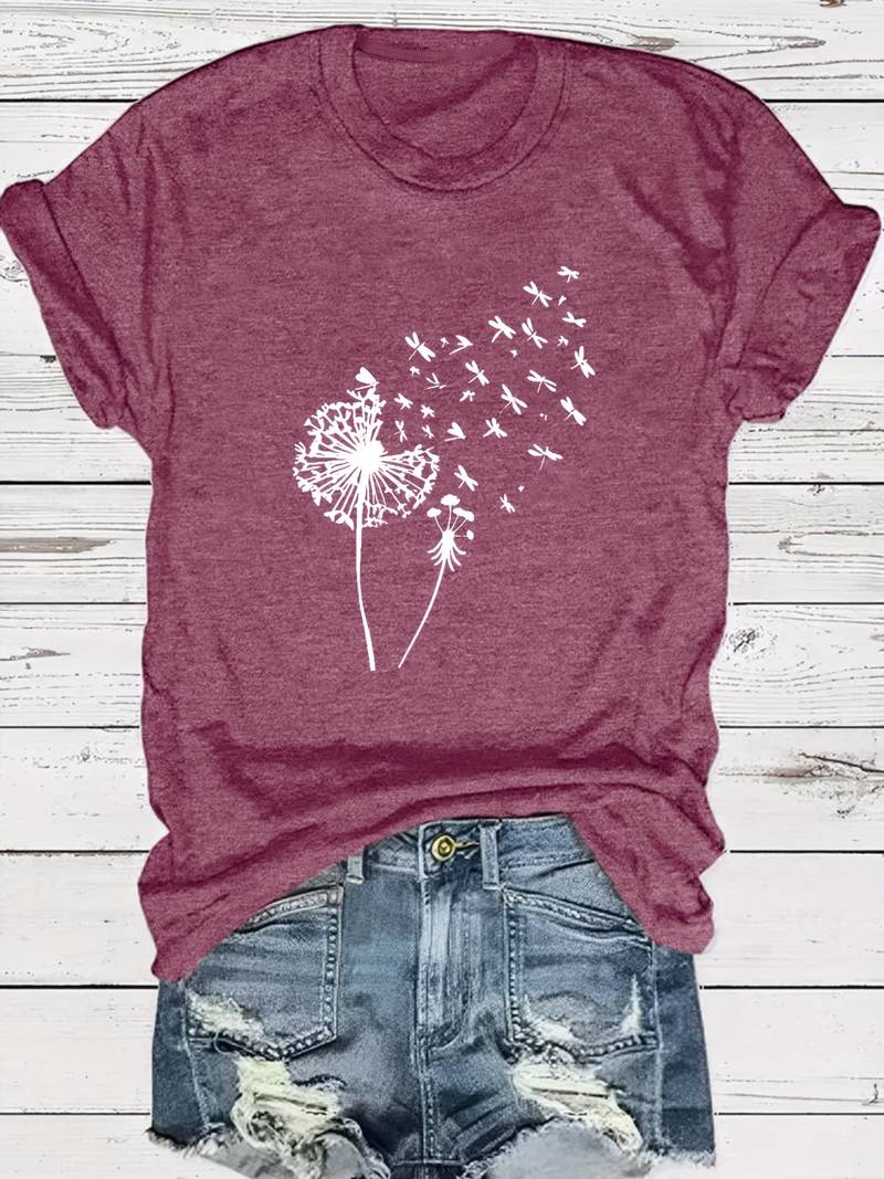 Eveloria Damen T-Shirt Löwenzahn-Print Rundhals Weiss