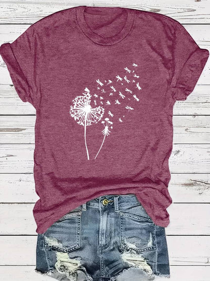 Eveloria Damen T-Shirt Löwenzahn-Print Rundhals Weiss