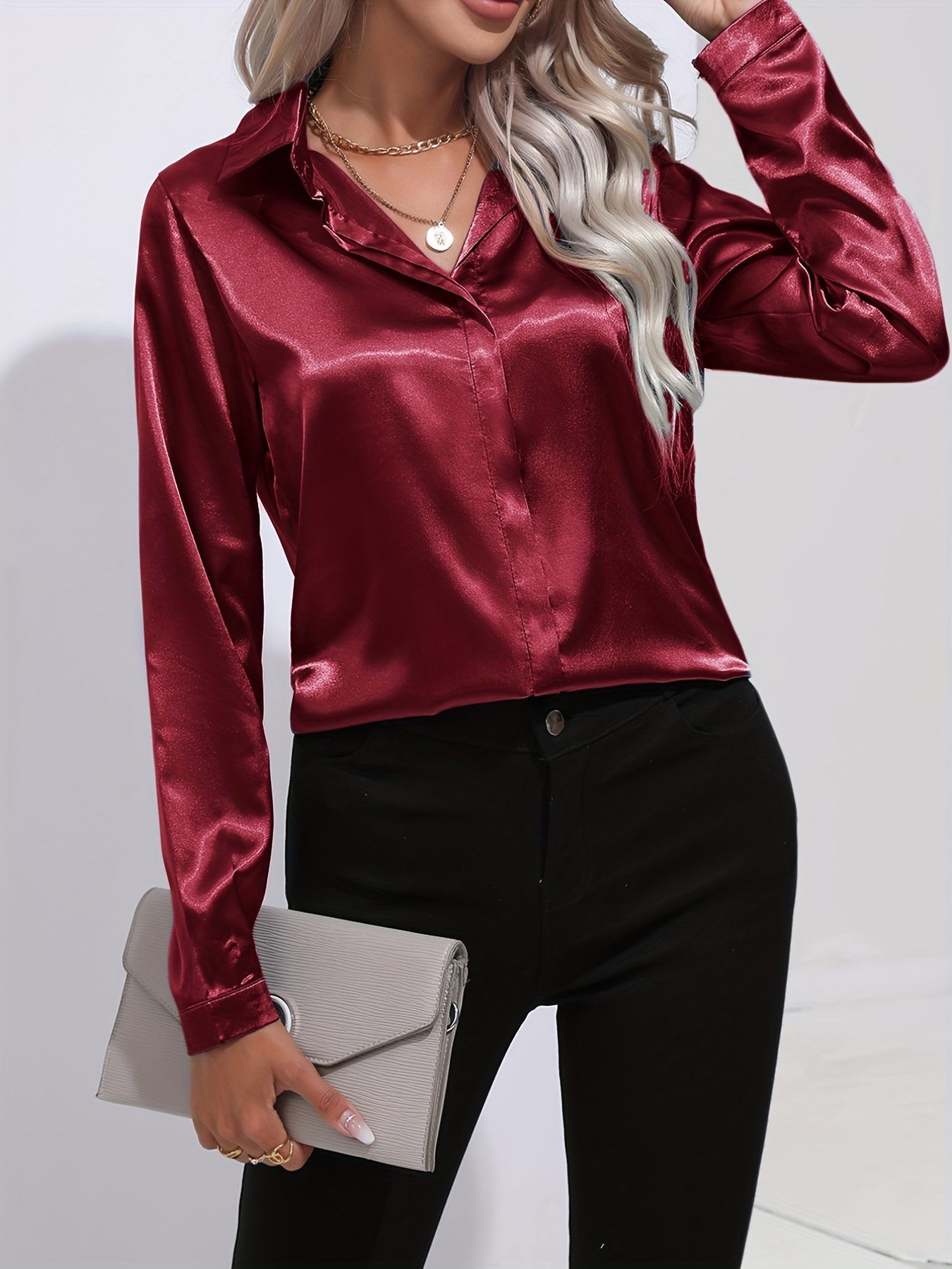 Damen Satin-Bluse Reverskragen Knopfleiste Eleganz
