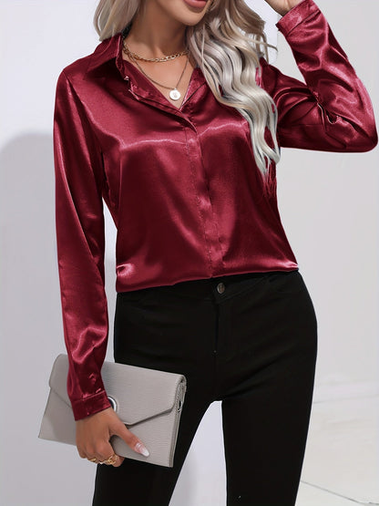 Damen Satin-Bluse Reverskragen Knopfleiste Eleganz