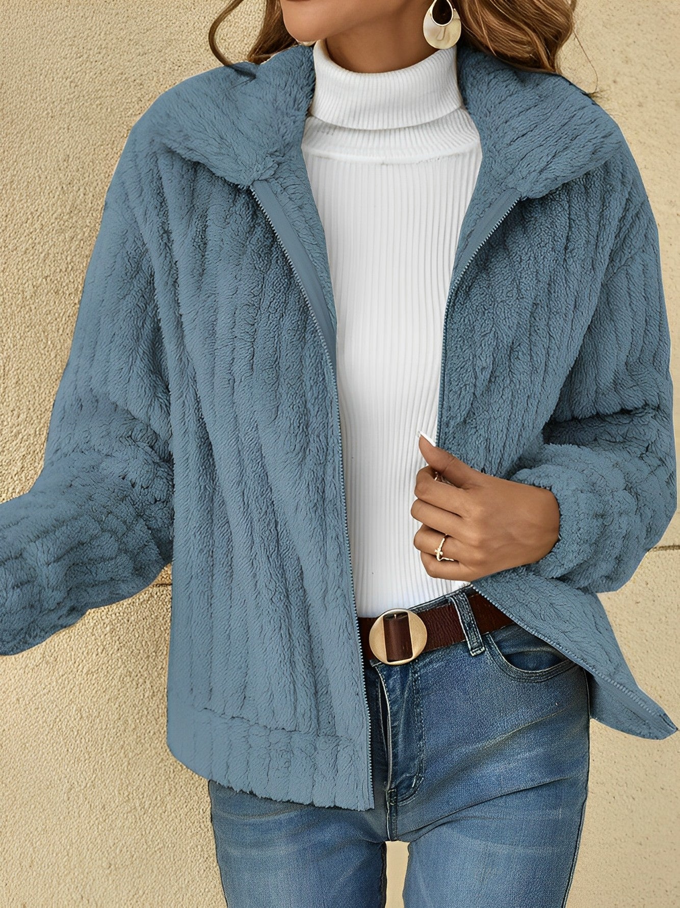Damen Teddyjacke Kurz Kuschelig Reißverschluss Beige