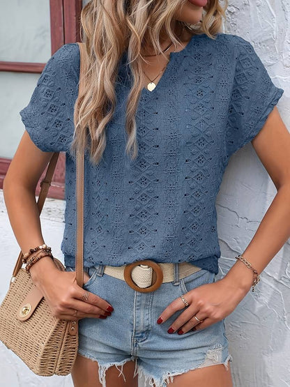 Eveloria Damen T-Shirt Eingekerbter Ausschnitt Lochstickerei