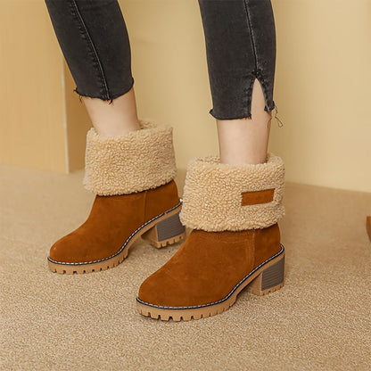 Damen Winterschuhe Slip-On Stiefel Warmfutter Blockabsatz