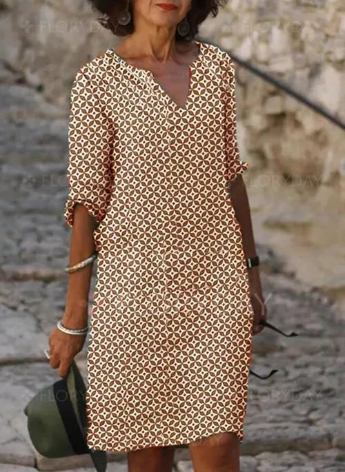 Leichtes Damen Sommerkleid Allover-Muster Baumwolle Beige