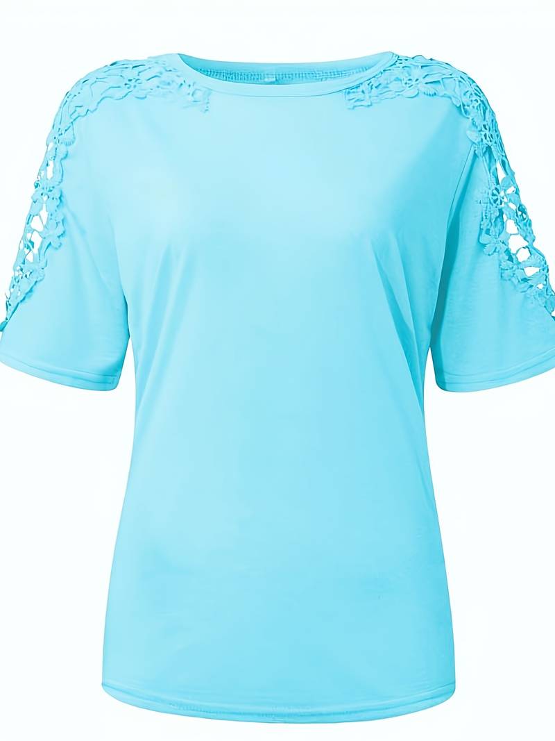 Eveloria Damen Rundhals T-Shirt Spitze Naht Einfarbig