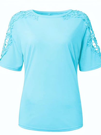 Eveloria Damen Rundhals T-Shirt Spitze Naht Einfarbig