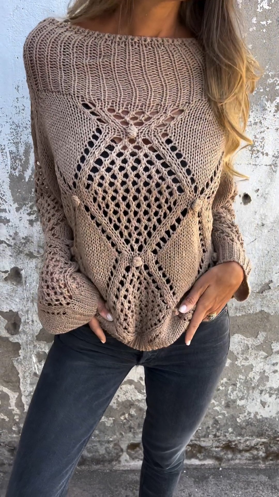 Brenneth Damen Langarm-Stricktop Rundhalsausschnitt Hohldesign