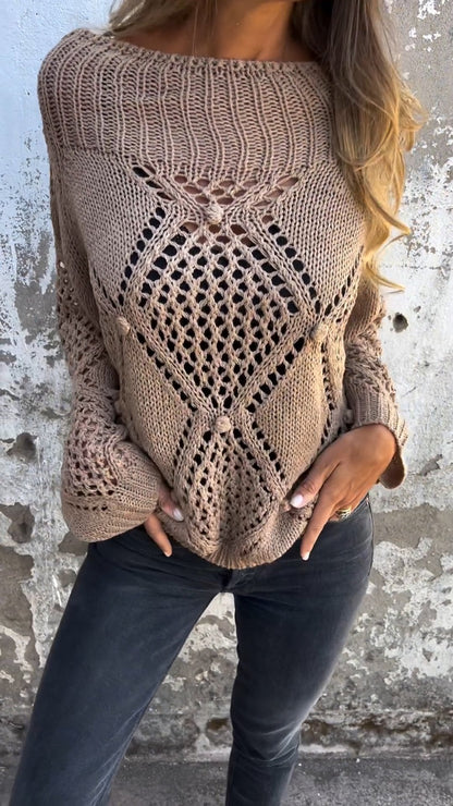 Brenneth Damen Langarm-Stricktop Rundhalsausschnitt Hohldesign