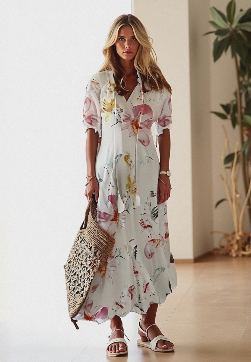 Damen Maxikleid Boho Print V-Ausschnitt Sommerkleid Elegant Luftig - Eveloria